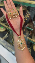 Load and play video in Gallery viewer, Necklace set- Gold with crystallised necklace green stone & pearl finish