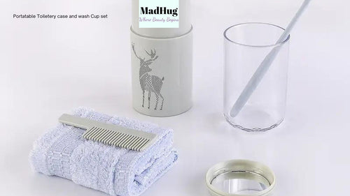 Set contains 1x wash cup 1x towel mirror and toothbrush